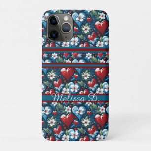 Capa Para iPhone 11 Pro Corações de Natal Florais em Azul Vermelho e Verde