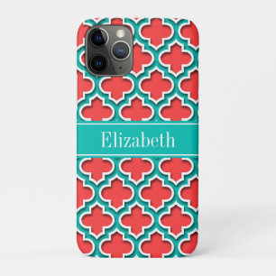 Capa Para iPhone 11 Pro Coral Red, Teal Marroquino #5DS Nome Teal Monogram