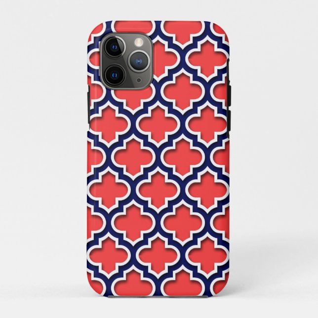 Capa Para iPhone 11 Pro Coral Vermelho, Marinho Branco Quatrefoil Marroqui (Verso)