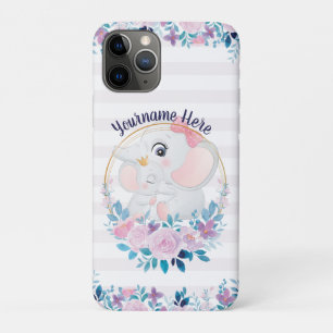 Capa Para iPhone 11 Pro Coroa de Flores Rosa para Mãe e Bebê Elefante