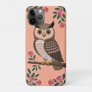 Capa Para iPhone 11 Pro Coruja Marrom Estilizada no Galho com Flores Rosa