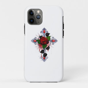 Capa Para iPhone 11 Pro Cruz de Prata com Rosa vermelha