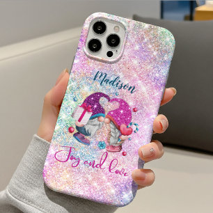 Capa Para iPhone 11 Pro Cute gnomo de Natal com monograma rosa falso brilh