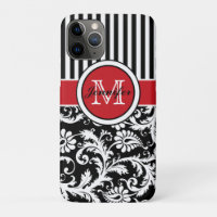 Damasco branco branco preto monograma, vermelho