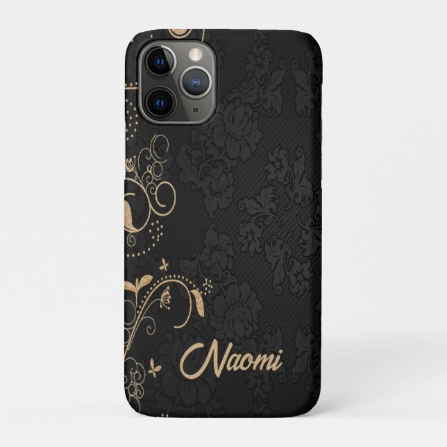 Capa Para iPhone 11 Pro Damasco floral preto e ouro (Verso)