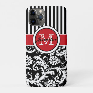 Capa Para iPhone 11 Pro Damasco vermelho branco esticado monograma