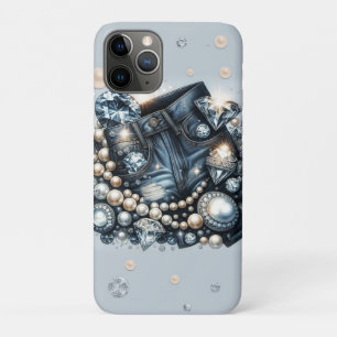Capa Para iPhone 11 Pro Denim Diamantes & Pérolas Jeans Brilho