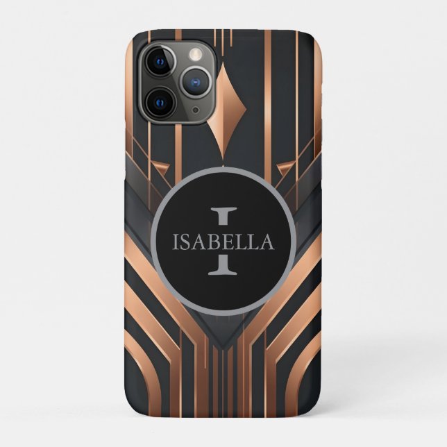 Capa Para iPhone 11 Pro Desenho de Nome em Círculo com Monograma Art Deco (Verso)