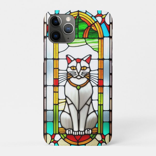 Capa Para iPhone 11 Pro Desenho de Vitral com Gato (Verso)