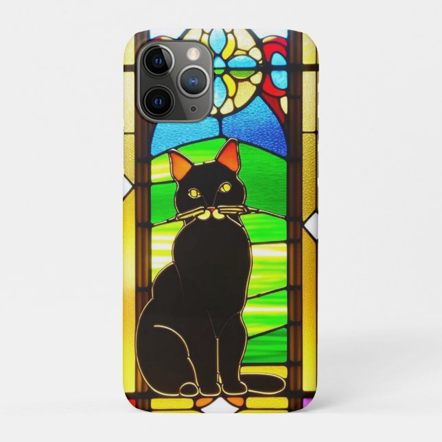 Capa Para iPhone 11 Pro Desenho de Vitral com Gato (Verso)