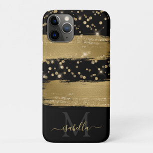 Capa Para iPhone 11 Pro Diversão Feminina Monograma Preta Dourada com Bril