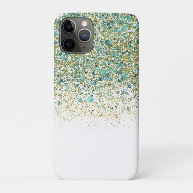 Capa Para iPhone 11 Pro Dourado Branco e Azul Turquesa com Brilho Glam Mod (Verso)