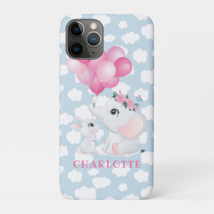 Capa Para iPhone 11 Pro Elefante Feminino e Coelho com Flores e Balão