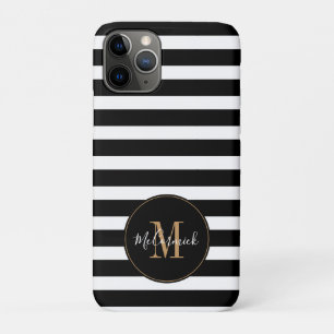 Capa Para iPhone 11 Pro Elegante Black and White Strips Nome do Monograma