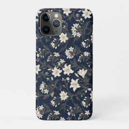 Capa Para iPhone 11 Pro Elegante Lírio Floral Azul Naval e Dourado
