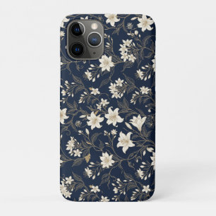 Capa Para iPhone 11 Pro Elegante Lírio Floral Azul Naval e Dourado