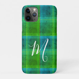 Capa Para iPhone 11 Pro elegante preppy xadrez tartan verde e azul inicial