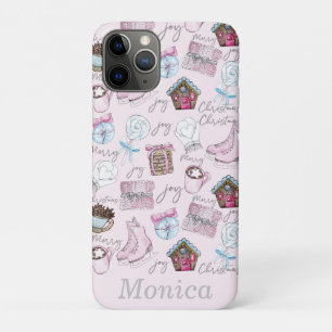 Capa Para iPhone 11 Pro Elementos de natal rosa com aquarela personalizada