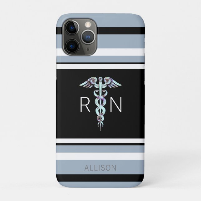 Capa Para iPhone 11 Pro Enfermeiro RN Caduceus Blue Stripes Personalizadas (Verso)