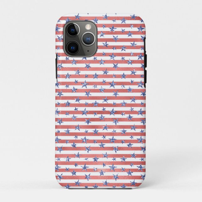 Capa Para iPhone 11 Pro Estrelas Azuis de Brilho Branco Vermelho (Verso)