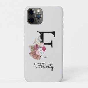 Capa Para iPhone 11 Pro F Monogramas cor-de-rosa Boho Floral inicial