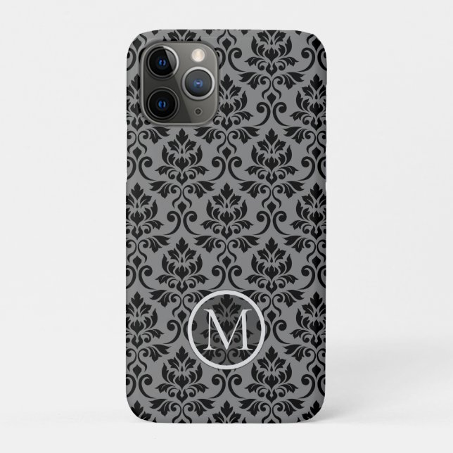 Capa Para iPhone 11 Pro Feuille Damask Ptn Black on Cinza (Personalizado) (Verso)