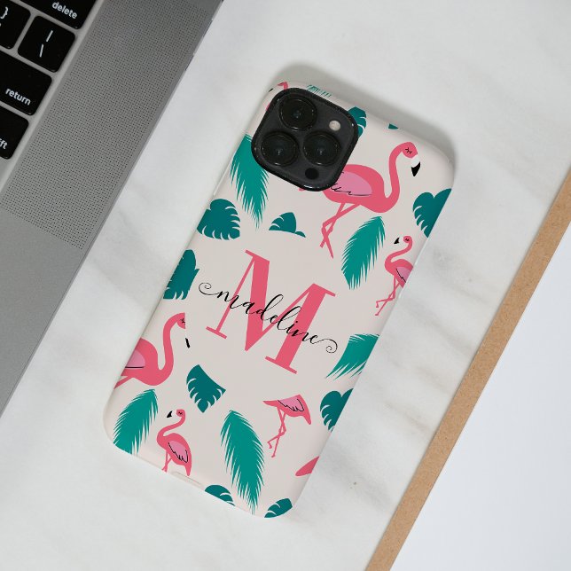 Capa Para iPhone 11 Pro Flamingo Rosa Quente - Monograma de Folhas Tropica (Criador carregado)