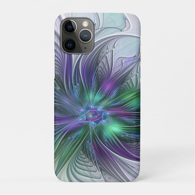Capa Para iPhone 11 Pro Flor Moderna Abstrata Fractal Roxa Verde (Verso)