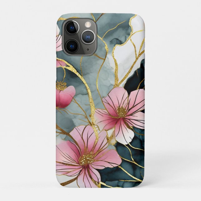 Capa Para iPhone 11 Pro Floral Japonês, Rosa Com Dourado (Verso)