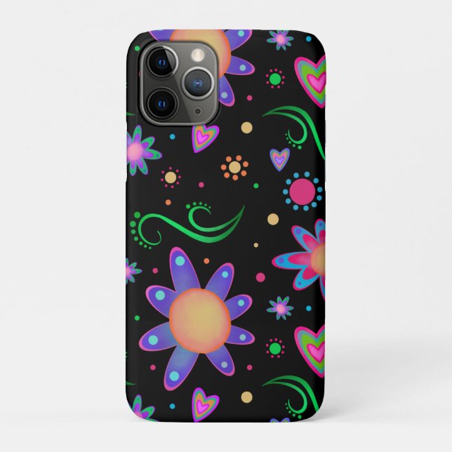 Capa Para iPhone 11 Pro Floral Negra Inspirividade Diversão Menina (Verso)
