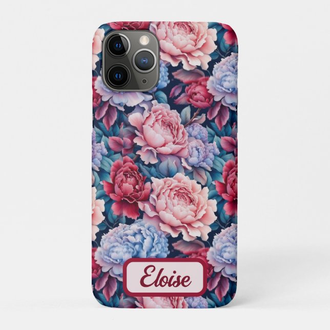 Capa Para iPhone 11 Pro Flores Azuis e Rosa Personalizadas (Verso)