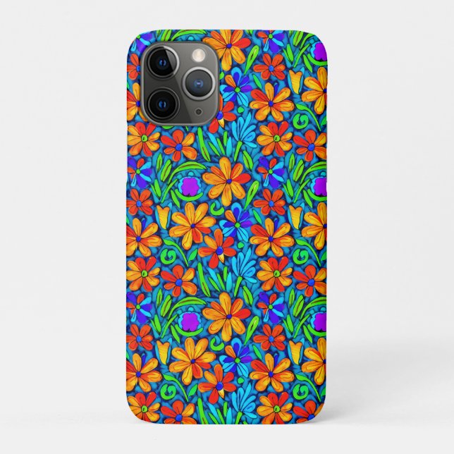 Capa Para iPhone 11 Pro Flores de Arte Folclórica Brilhantes (Verso)