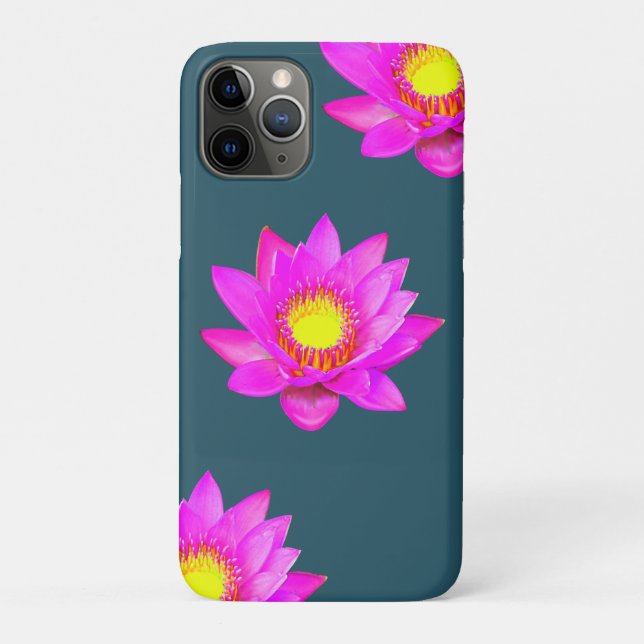 Capa Para iPhone 11 Pro Flores de Lótus Rosa Magenta sobre Azul (Verso)
