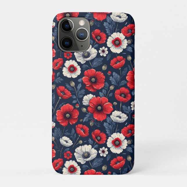 Capa Para iPhone 11 Pro Flores de Papoula Vermelhas e Brancas Vibrantes (Verso)