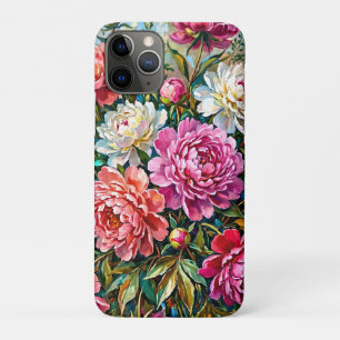 Capa Para iPhone 11 Pro Flores de Peônia Pintadas Coloridas Elegantes