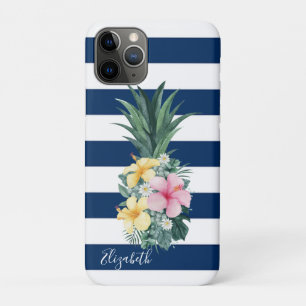 Capa Para iPhone 11 Pro Flores Tropicais de Abacaxi, Listras Azul-Marinho