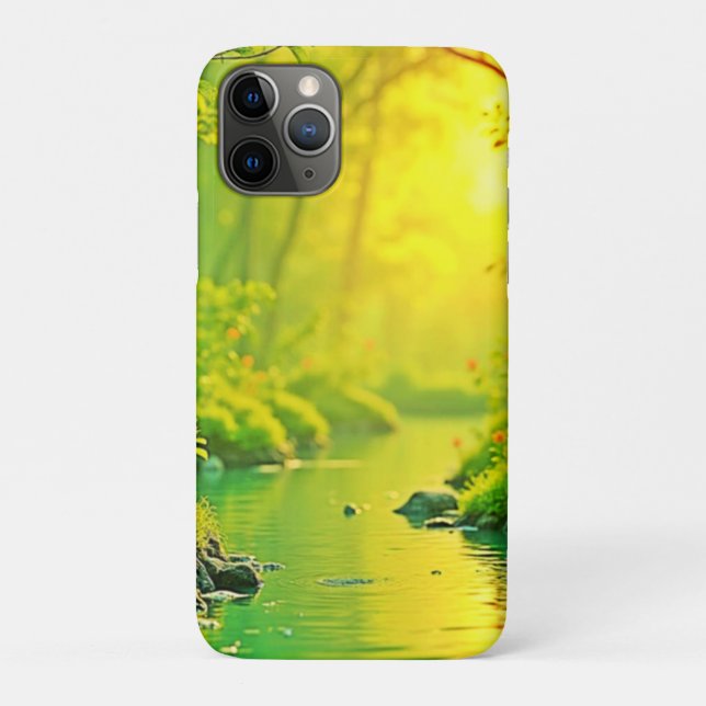 Capa Para iPhone 11 Pro Floresta Dourada Rio Paz Arte Tranquila (Verso)