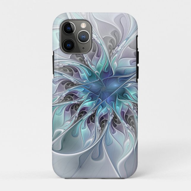 Capa Para iPhone 11 Pro Flourar Abstrato Moderno Flor Fractal Com Azul (Verso)