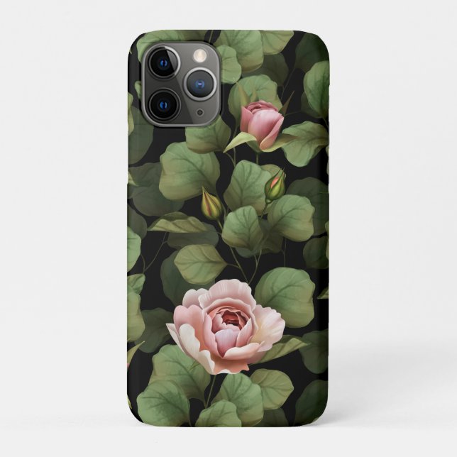 Capa Para iPhone 11 Pro Frágeis rosas. Padrão floral a preto (Verso)