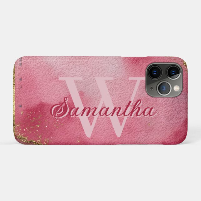 Capa Para iPhone 11 Pro Fundo de Aquarela Rosa com Glitter Dourado (Verso (horizontal))