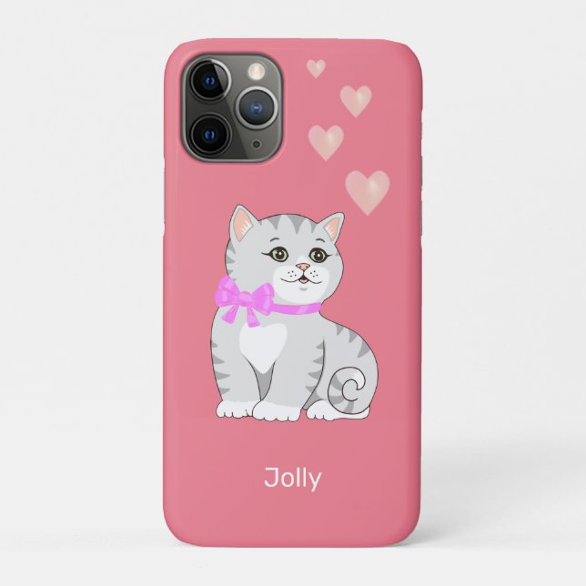 Capa Para iPhone 11 Pro Gatinho Atigrado Fofo & Corações em Rosa (Verso)