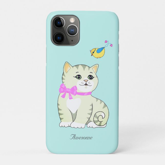 Capa Para iPhone 11 Pro Gatinho Atigrado Fofo em Azul Claro (Verso)