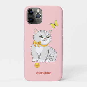 Capa Para iPhone 11 Pro Gatinho Atigrado Fofo em Rosa Claro