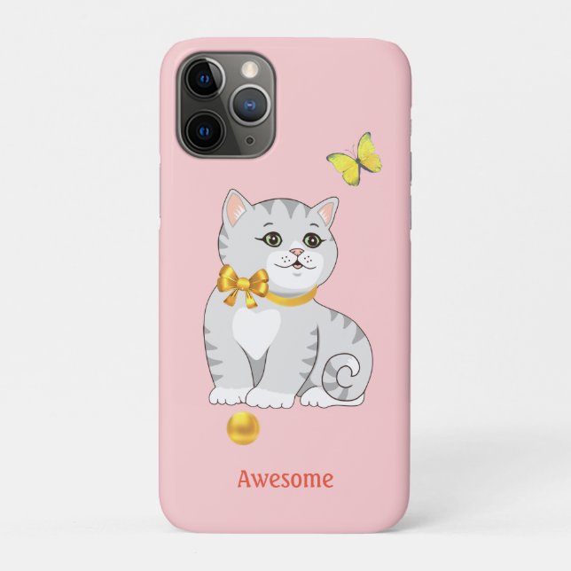 Capa Para iPhone 11 Pro Gatinho Atigrado Fofo em Rosa Claro (Verso)