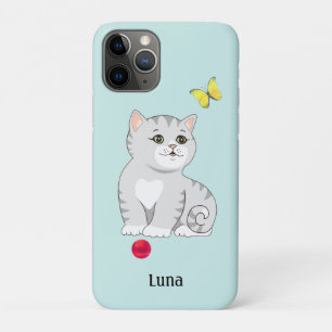 Capa Para iPhone 11 Pro Gatinho Laranja Atigrado Fofo em Azul Claro