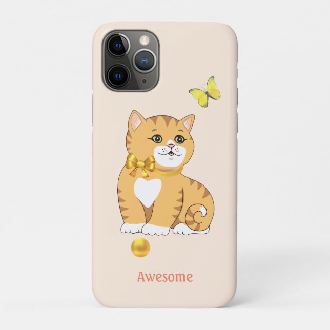 Capa Para iPhone 11 Pro Gatinho Malhado Fofo em Bege Claro (Verso)