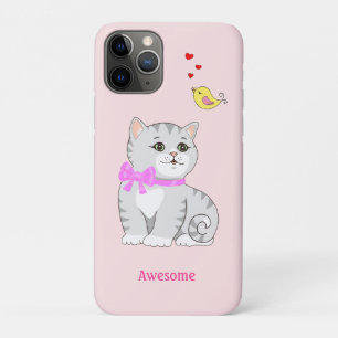 Capa Para iPhone 11 Pro Gatinho Malhado Fofo em Dourado Rosa Claro