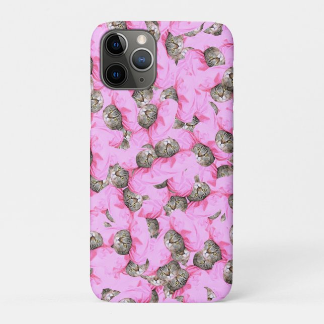 Capa Para iPhone 11 Pro Gato Bonito num Padrão de Boné Rosa Aleatório (Verso)