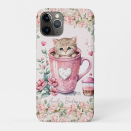 Capa Para iPhone 11 Pro Gato de Gatinho Gelado na Taça Flores Rosa-Rosa-Bl