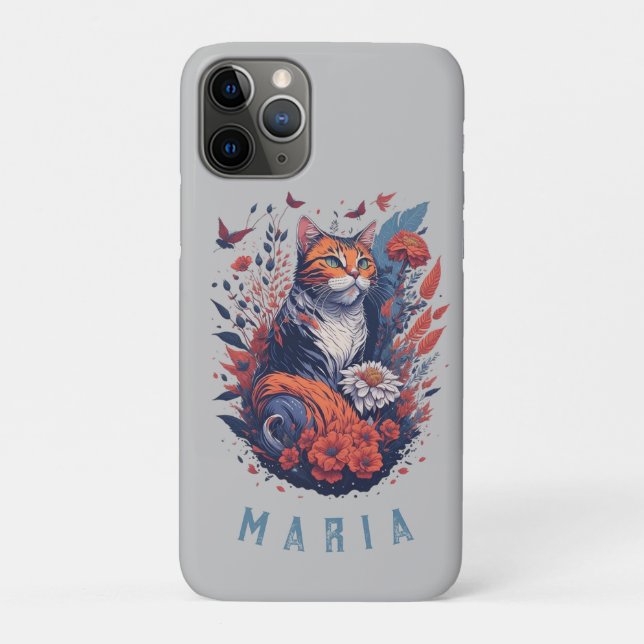 Capa Para iPhone 11 Pro Gato Floral de Gatinho Simples Personalizado (Verso)